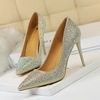 9219-22 Korean Fashion Banquet Women's Shoes Thin Heel Shallow Mouth Pointed Head Sexy Slim Water Diamond Colorful Diamo