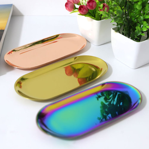 Nordic stainless steel jewelry plate gold color oval plate metal tray Nordic home decoration place fruit plate