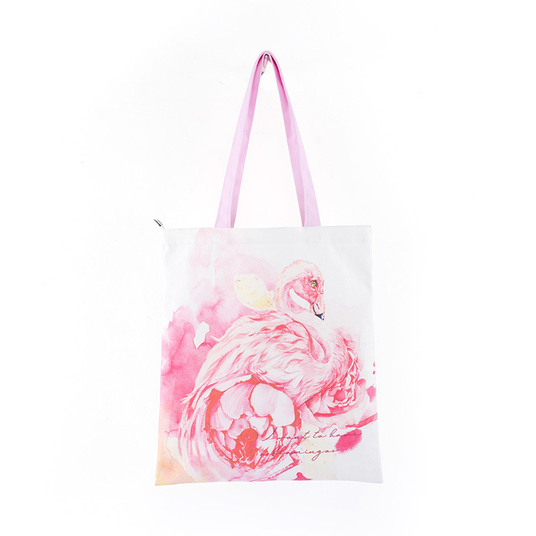 厂家现货ins北欧火烈鸟插画印花单肩帆布包 白色拉链购物帆布袋