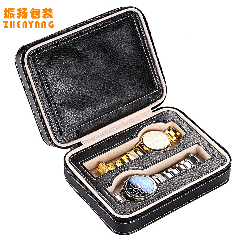 Portable PU Leather 4-digit Watch Zipper Bag Black Inlay Watch Storage Box Collection Box Spot