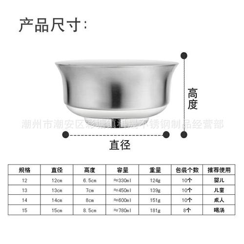 304 stainless steel bowl student children's home gift thickened double-layer insulated instant noodle bowl salad rice soup bowl