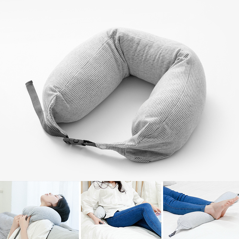 Non-printing U-shaped good products factory travel pillow waist pillow two-in-one striped Japanese foam particle pillow can add logo