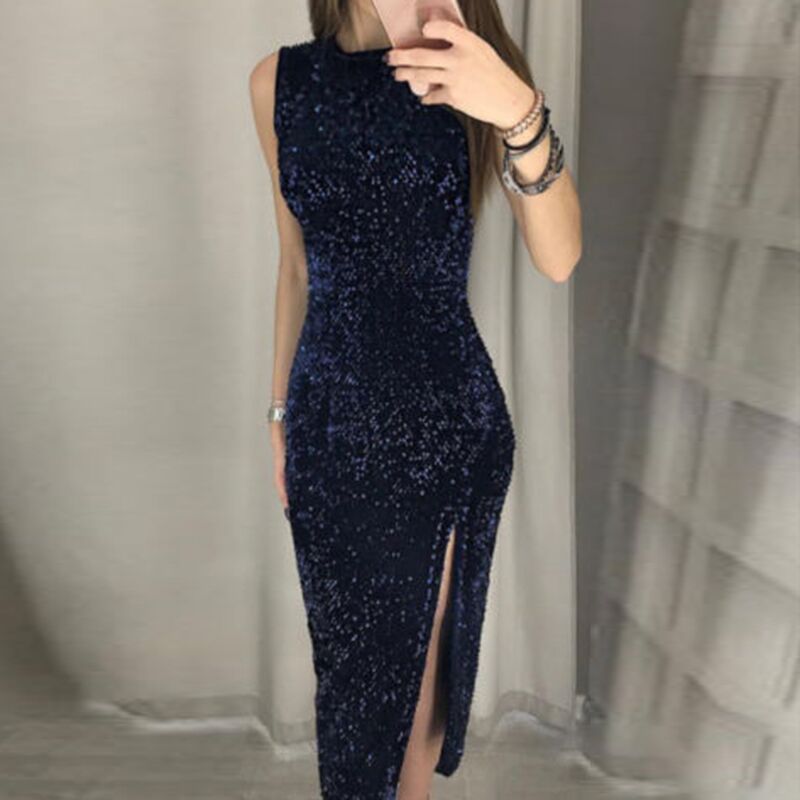 Sleeveless Crew Neck All Over Sequin Midi Dress, Velvet Base High Side Split Asymmetrical Hem Bodycon Cocktail Party Dress 4 Colors_ecoleips.com