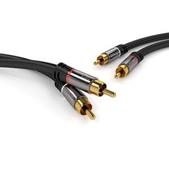 Audio cable with dual RCA plugs, suitable for connecting subwoofers, smartphones, and speakers using coaxial signal cables.