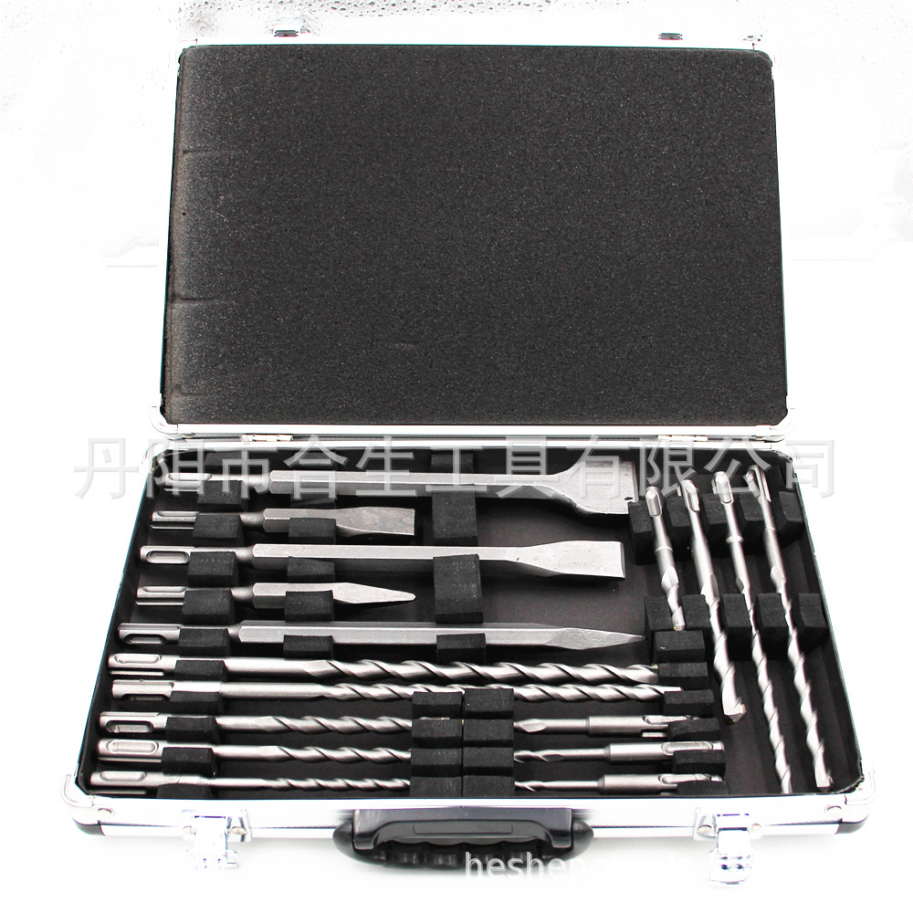 跨境厂家17pcs电锤钻尖凿扁凿铝盒套装 SDS冲击钻墙壁开孔凿眼