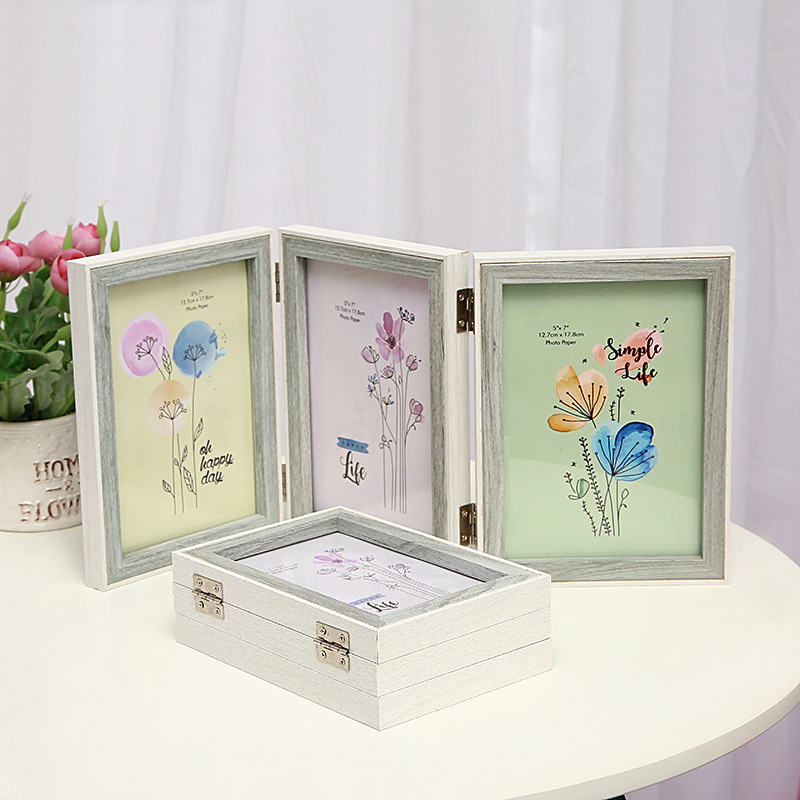 7-inch 6-inch creative folding artistic photo frame three-fold wood grain photo frame double-sided simple combination table