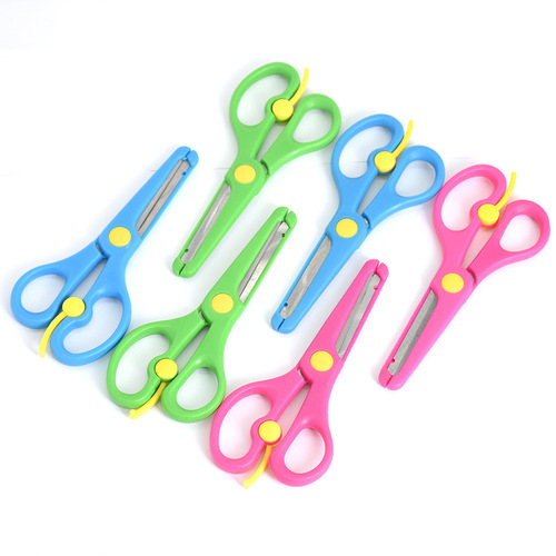 Factory wholesale children's effortless elastic DIY scissors with plastic edge and rounded tip, non-slip DIY handicraft paper cutting scissors