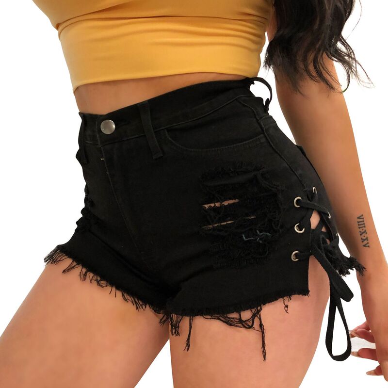 Spring and Summer Amazon Ripped Tassel Corns Shorts Independent Stand Low Waist Split Bandage Women's Jeans in stock