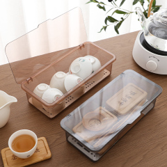 Tea Set Storage Box Desk Dustproof with Lid, for Gongfu Tea Cups, Tea Leaves, Bowls, Tea Pots, Stackable Storage Shelf