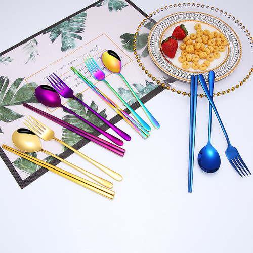 Factory direct sales of high-quality Korean 304 stainless steel forks, spoons, chopsticks, Nordic ins titanium-plated gift tableware, stainless steel spoons