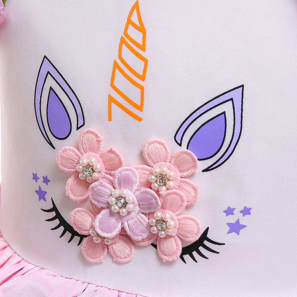 Unicorn Cartoon Dress with Flutter Sleeves, Rainbow Tutu Puffy Skirt for Girls, Halloween and Children's Day Performance Costume