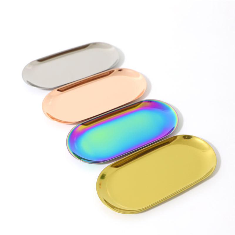 Fábrica al por mayor Acero inoxidable latón oro color primario color oval metal bandeja fruta caramelo bandeja de almacenamiento