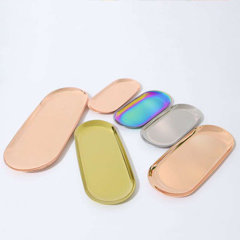Fábrica al por mayor Acero inoxidable latón oro color primario color oval metal bandeja fruta caramelo bandeja de almacenamiento