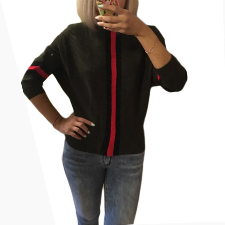 Real shot AliExpress otoño ropa de mujer nuevo fuera del cuello a rayas costura Batwing manga Camiseta de punto top