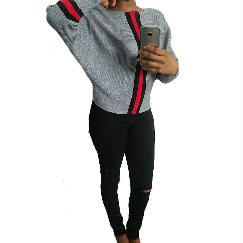Real shot AliExpress otoño ropa de mujer nuevo fuera del cuello a rayas costura Batwing manga Camiseta de punto top