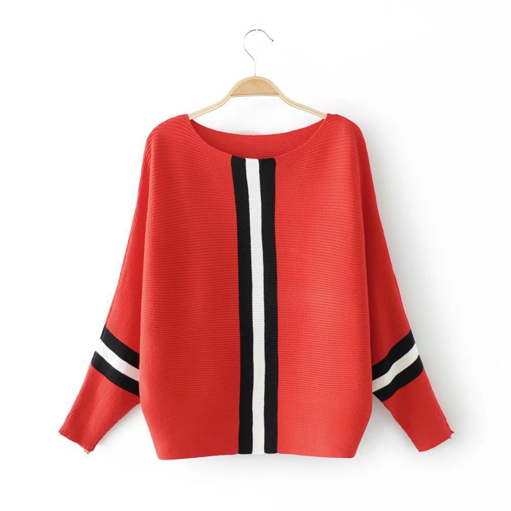 Real shot AliExpress otoño ropa de mujer nuevo fuera del cuello a rayas costura Batwing manga Camiseta de punto top