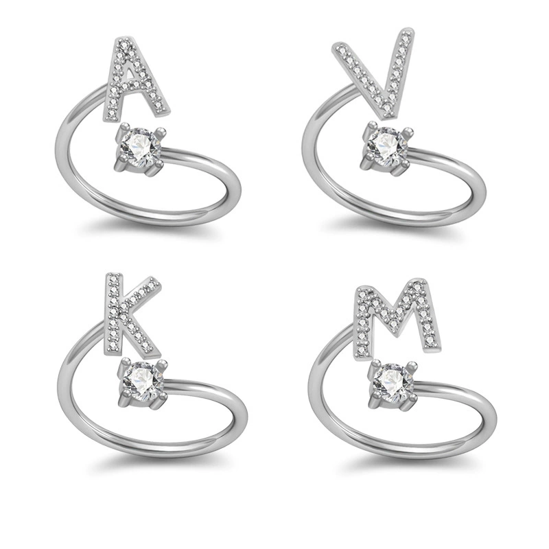 Adjustable Silver-Plated Copper Ring with Letter Initial and Clear Gemstone, Birthday Gift