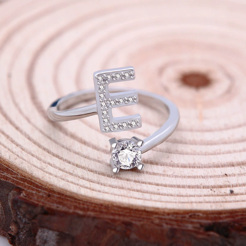 Adjustable Silver-Plated Copper Ring with Letter Initial and Clear Gemstone, Birthday Gift