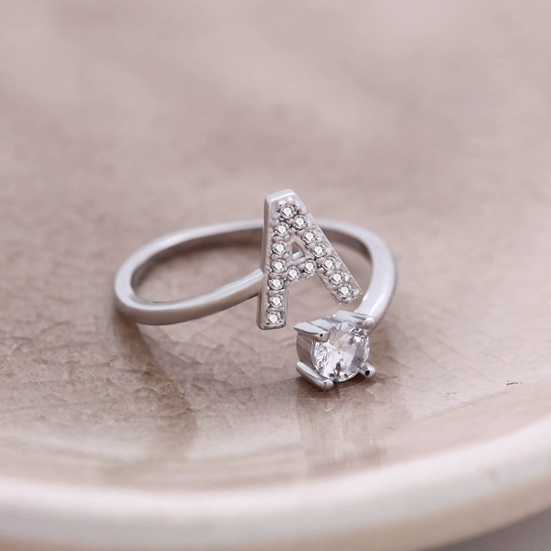 Adjustable Silver-Plated Copper Ring with Letter Initial and Clear Gemstone, Birthday Gift