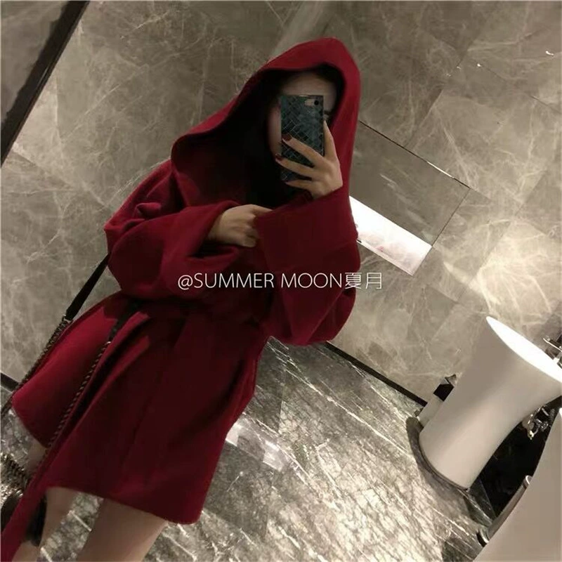 Красное Двустороннее пальто ручной работы с капюшоном, женское средней длины, 2023 Новое свободное шерстяное пальто