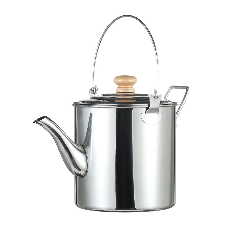 Bouilloire portable d'extérieur en acier inoxydable, grande capacité, avec poignée en bois, idéale pour le thé et le café, le camping et la cuisine._voghion.com