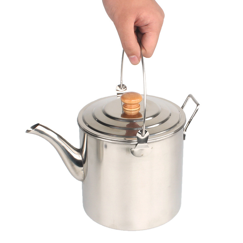 Bouilloire portable d'extérieur en acier inoxydable, grande capacité, avec poignée en bois, idéale pour le thé et le café, le camping et la cuisine._voghion.com