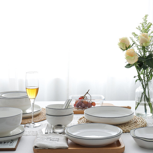 Shawn Export European Nordic Home Set Ceramic Tableware Simple Black Edge Black Line Tableware Bowls Plates