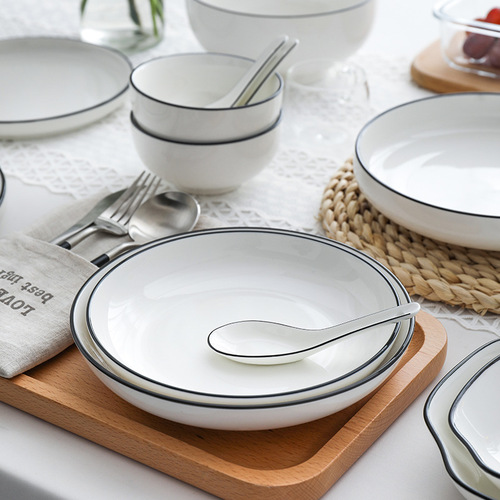 Shawn Export European Nordic Home Set Ceramic Tableware Simple Black Edge Black Line Tableware Bowls Plates