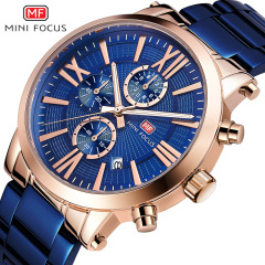 MINI FOCUS Western-style large dial Roman numeral steel strap men's watch water-resistant luminous calendar watch 0219G