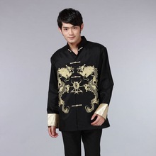 中国风唐装男长袖上衣春秋爸爸装休闲中式外套刺绣双龙舞台演出服