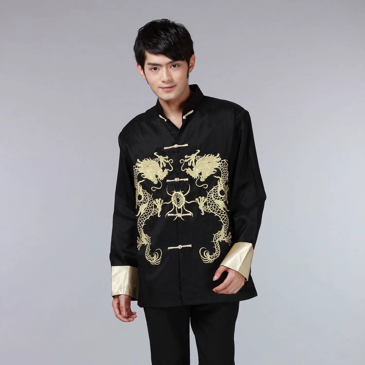 Мужская рубашка в китайском стиле Тан, с длинным рукавом, весенне-осенняя, повседневная куртка в китайском стиле для папы, с вышивкой двойных драконов, для выступлений на сцене