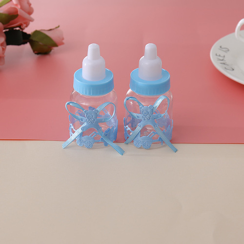 Baby Shower Small Milk Bottle Candy Box Cute Baby Full Moon Happy Candy Plastic Box with Bow and Bear Box