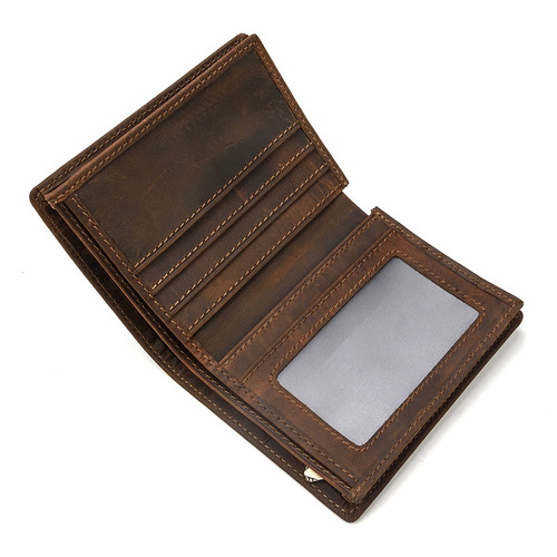 Men's retro genuine leather wallet, crazy horse leather vertical wallet, first layer cowhide, multi-card slot coin purse, card holder