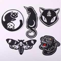 Embroidered Patch with Computerized Stitching: Novel DIY Black and White Cat Moth Fabric Patch for Clothing Decoration