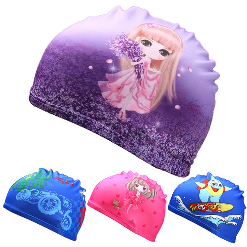 Wholesale children's swimming caps digitally printed high-end fabrics boys girls baby kids cartoon swimming caps fabric swimming caps