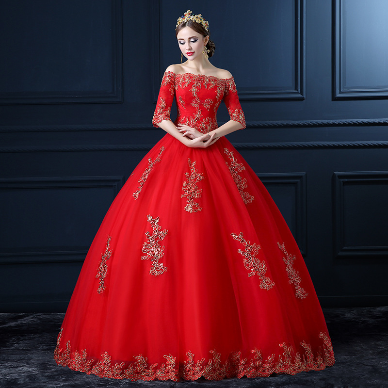 Wedding Dress New Style Korean One-Shoulder Floor-Length Red Bride Wedding Retro Mid-Sleeve Plus Size Spring Style