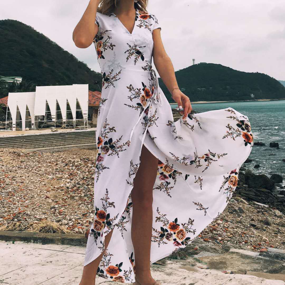 跨境亚马逊女装V领印花雪纺泡泡纱性感开叉沙滩海边度假长裙