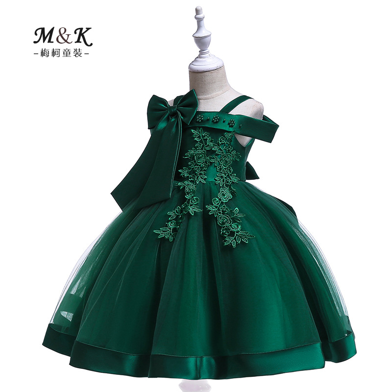 One-Shoulder Suspender Dress for Girls, Bow Beaded Flower Wedding Dress, Flower Girl Dress, Princess Dress