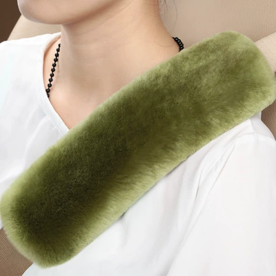 Seat belt shoulder pad, Pure Wool Safety Belt Shoulder - pea-green-expanded-flat-dimensions-25cm-long-and-8cm-wide