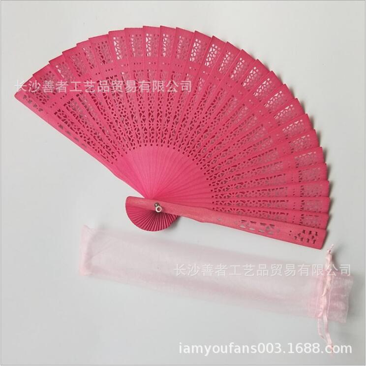 Hay en stock ventilador de madera llano transfronterizo más bolsa de organza ventilador plegable de madera de loto ventilador de madera de la boda multi-color opcional