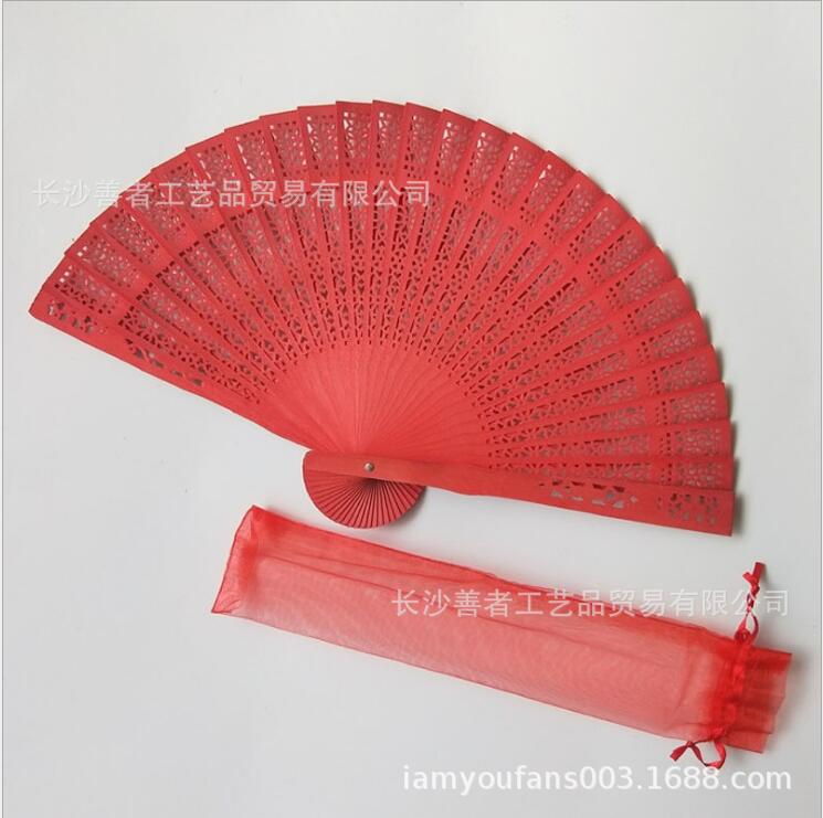 Hay en stock ventilador de madera llano transfronterizo más bolsa de organza ventilador plegable de madera de loto ventilador de madera de la boda multi-color opcional