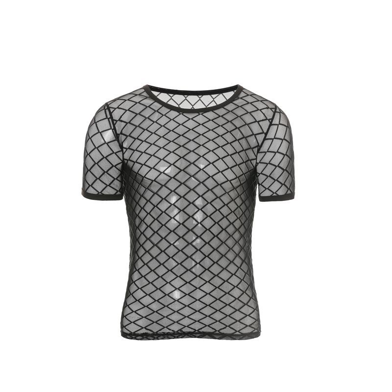 B- 01 men's short sleeve diamond mesh sexy underwear top Short Sleeve T blood slim casual plaid