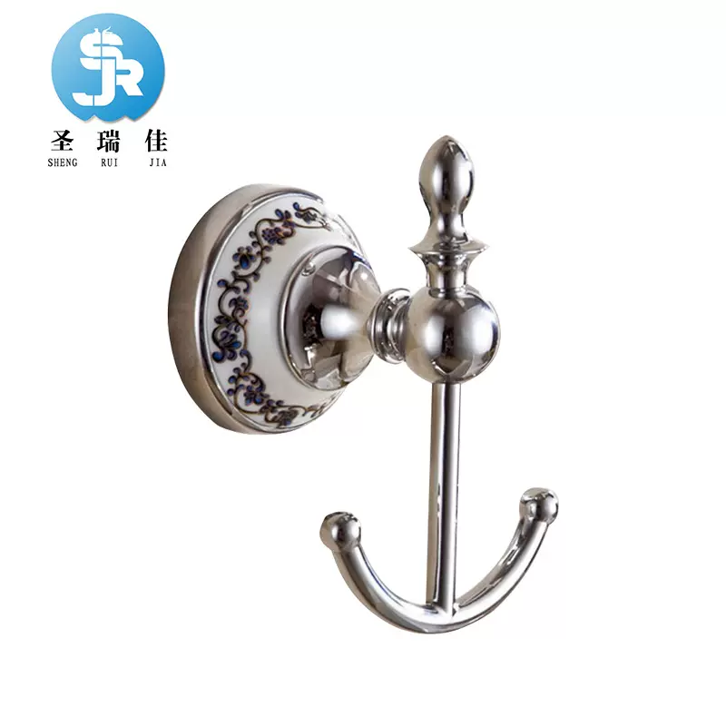 卫浴五金挂件厂家直销欧式挂衣钩青花瓷镀铬不锈钢双钩衣钩跨境