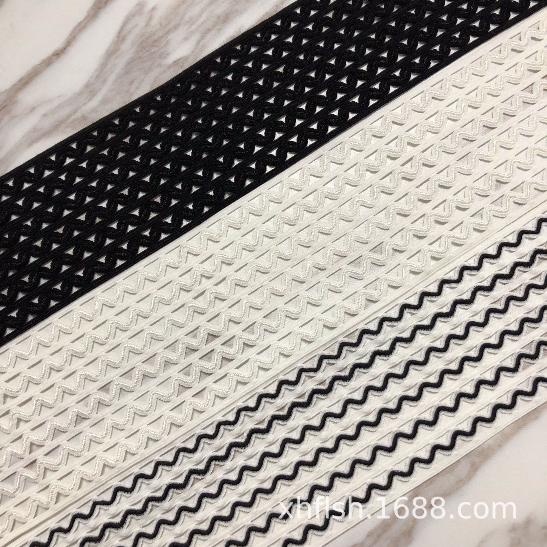 厂家  6cm黑白三角镂空水纹松紧带渔网松紧带花腰束腰带