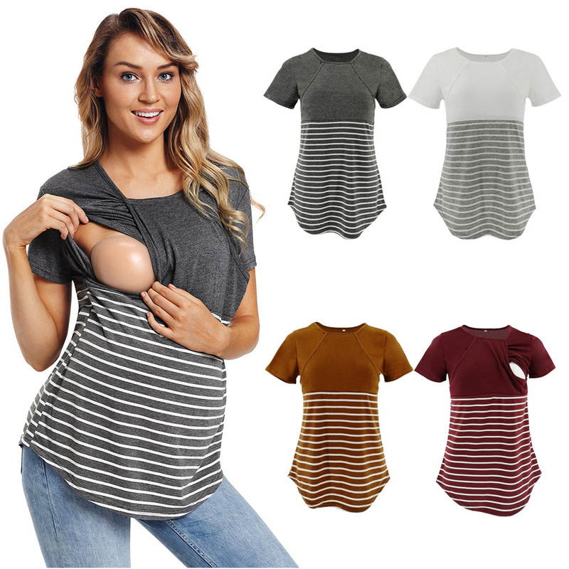 Amazon ebay European and American fashion round neck short sleeve fashion Joker nursing T-shirt striped stitching maternity clothes Amazon ebay European and American fashion round neck short sleeve fashion Joker nursing T-shirt striped stitching maternity clothes