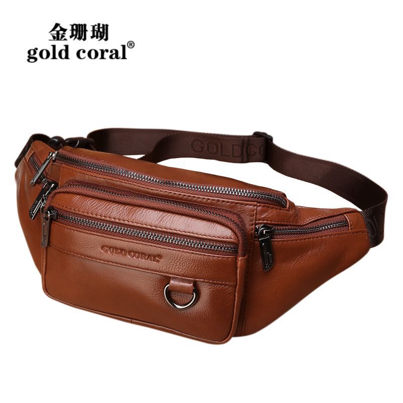 Casual Leather Waist Bag Cashier Top Layer Cowhide Large Waist Bag Men's Chest Bag Sports Bag Men's Bag Mobile Phone Multi-function Bag