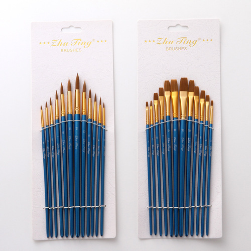 Cross-border 12-piece nylon hair flat head nylon hair brush set pearlescent blue rod oil painting brush art wooden