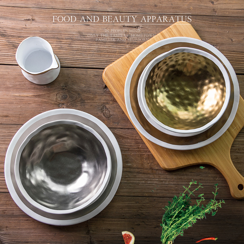 Plato de cena de cerámica de oro Plato de ensalada Plato de joyería de plata