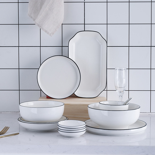 Shawn Export European Nordic Home Set Ceramic Tableware Simple Black Edge Black Line Tableware Bowls Plates