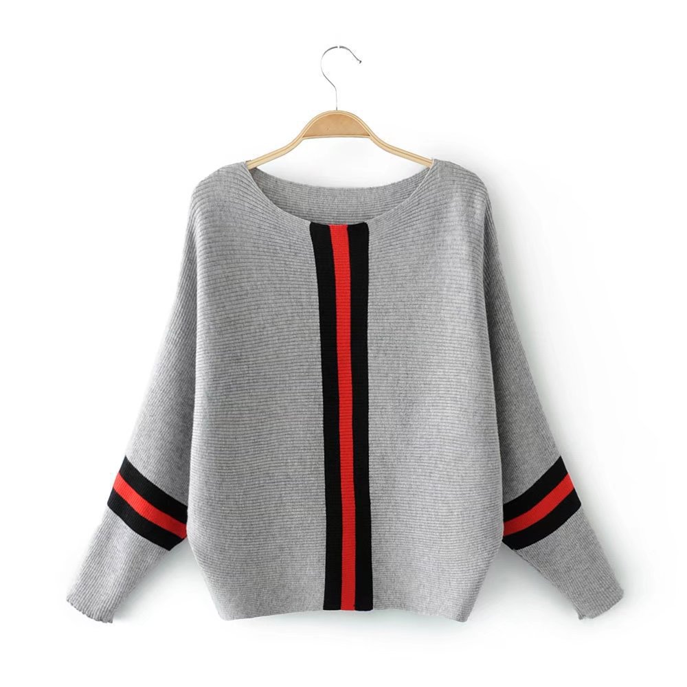 Real shot AliExpress otoño ropa de mujer nuevo fuera del cuello a rayas costura Batwing manga Camiseta de punto top